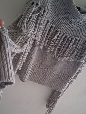 Fringed Knit Sweater - Light Gray